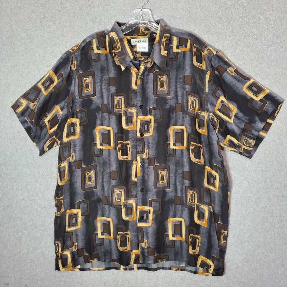 Ron Chereskin Men Button Up‎ Shirt Large Gray Geometric Silk Short Sleeve